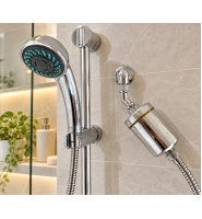 Pure Bath Shower Filter with 35 degree male female adapter installed in bathroom