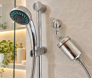 Pure Bath Shower Filter with 35 degree male female adapter installed in bathroom