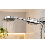 Pure Bath Shower Filter installed with chrome rain shower head